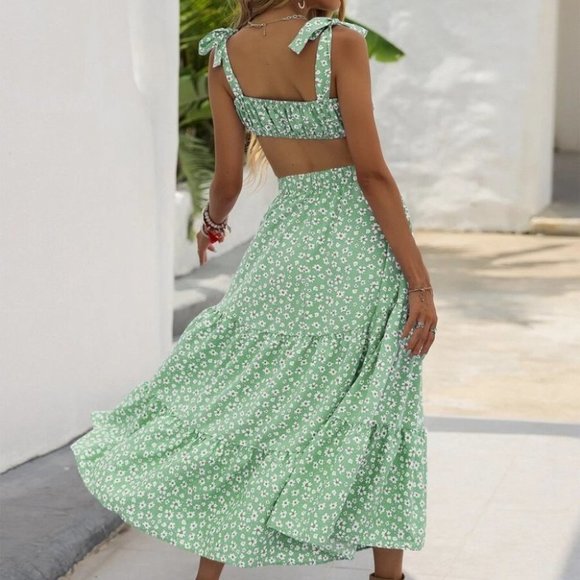 Ditsy Floral Print Cami Top & maxi Skirt Set GREEN - Picture 3 of 8